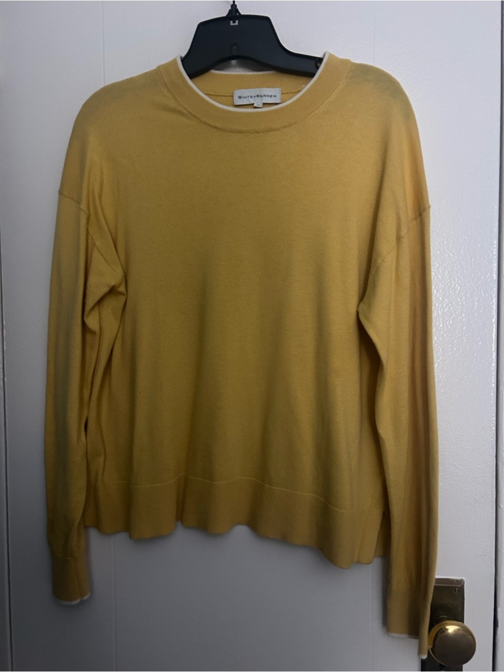 White + Warren mustard Crewneck Sweater white piping on neck and sleeves Size XS